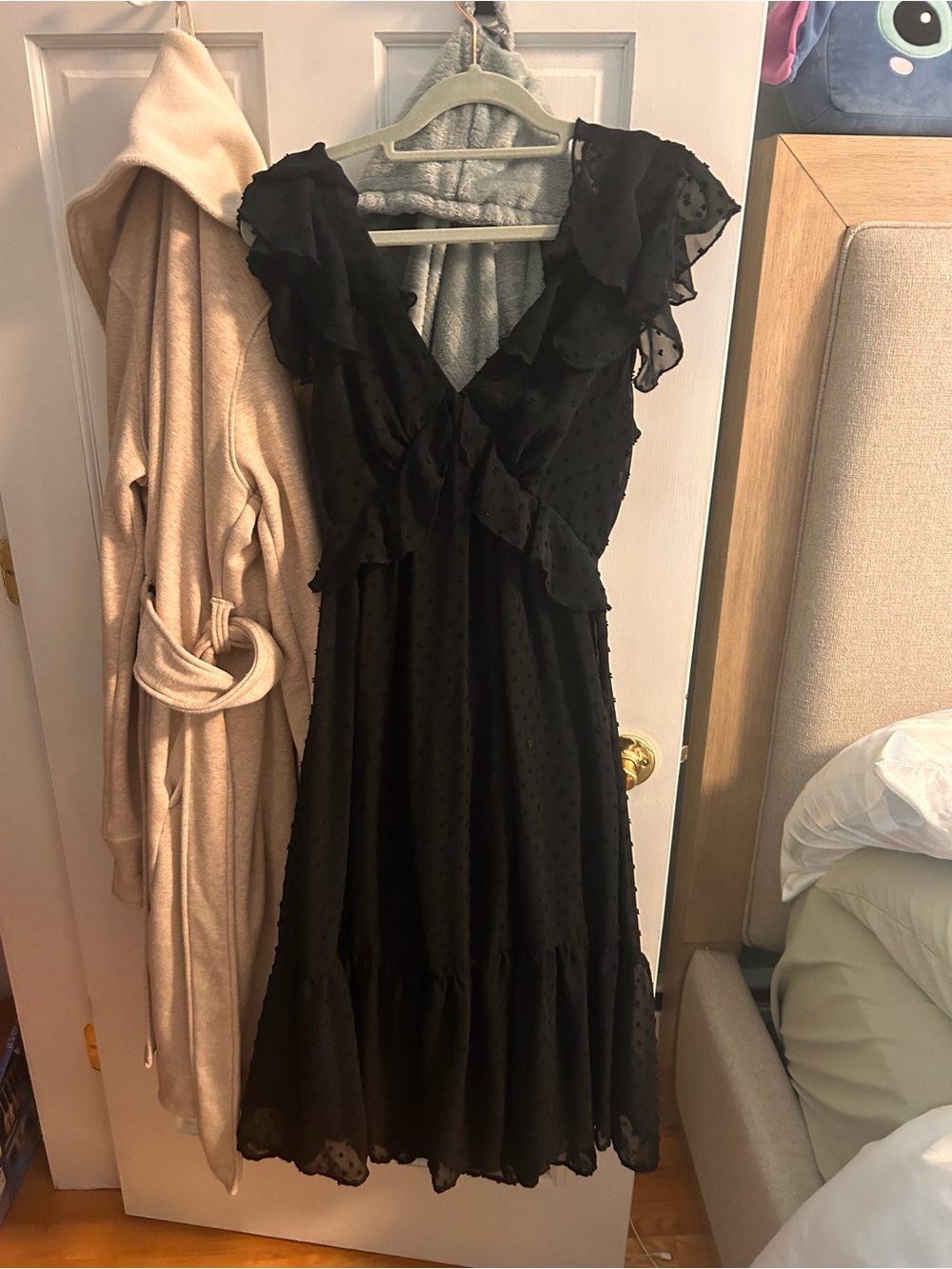 Francesca's Collections Black Ruffle V-Neck Midi Dress